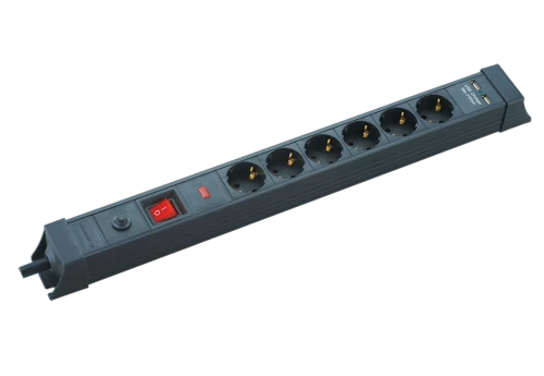 SP-06S-USB Safety power strip with 6 Schuko outlets and 2 USB ports with 3x1.5mm cable